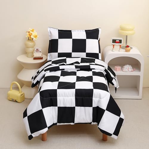 Caressma Checkered Toddler Bedding Set, Classic Black and White Plaid Bed Set, Fluffy Grid Buffalo Plaid 4 Pieces Kids Comforter Bed Set with Comforter, Fitted Sheet, Flat Sheet, Pillowsham Caressma