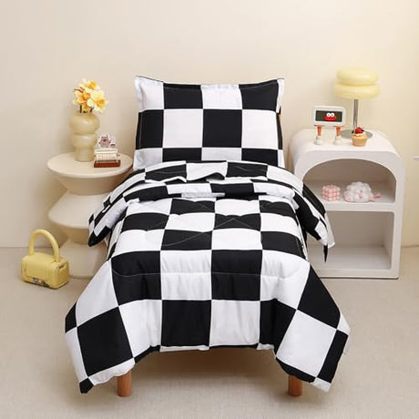 Caressma Checkered Toddler Bedding Set, Classic Black and White Plaid Bed Set, Fluffy Grid Buffalo Plaid 4 Pieces Kids Comforter Bed Set with Comforter, Fitted Sheet, Flat Sheet, Pillowsham Caressma