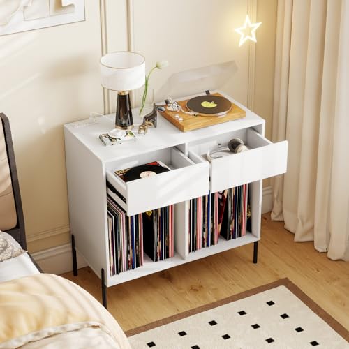 LOKO Large Record Player Stand with Charging Station, Vinyl Record Holder with Storage Compartments & 2 Drawers, Turntable Display Stand with Metal Legs for Living Room, Bedroom, Office (White) LOKO