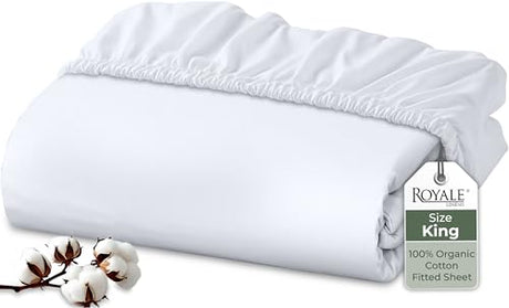 Royale Linens 100% Organic Cotton Fitted Sheet - Percale Weave - Super Soft Deep Pocket Bottom Sheets - White Elastic Sheet King Size - King Fitted Sheets Only - (78"x80"+15", White) ROYALE LINENS