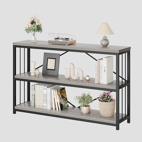 LVB Farmhouse Entryway Table, Metal Wood Console Table for Hallway, Industrial Rustic Sofa Table with 3-Tier Storage Shelf, Modern Entry Table for Foyer Front Home Living Room, Light Grey Oak, 47 inch LVB