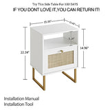 Masupu Rattan Nightstand,Modern Boho Farmhouse Wood Bedside Table with Storage Drawer and Open Shelf,Small Gold Frame Side End Table for Bedroom,Living Room,Office(White) Masupu