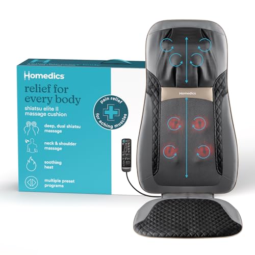 HoMedics Back Massager with Heat, Shiatsu Elite II Heated Neck and Back Massage Cushion. 3 Different Massage Styles and 3 Massage Zones. Comes with Controller and Chair Straps Homedics
