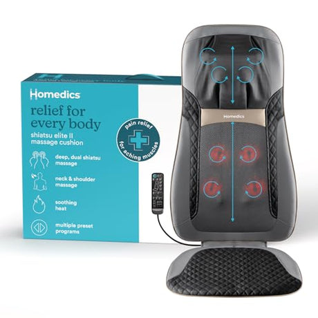HoMedics Back Massager with Heat, Shiatsu Elite II Heated Neck and Back Massage Cushion. 3 Different Massage Styles and 3 Massage Zones. Comes with Controller and Chair Straps Homedics