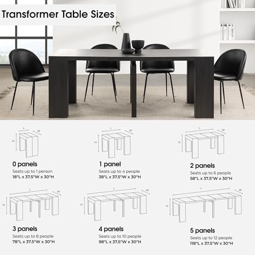 Transformer Table - Solid Wood Extendable Dining Table, Seats 2-12, Extendable Dining Room Table, Space-Saving Furniture (Black, Table + Bench) Transformer Table