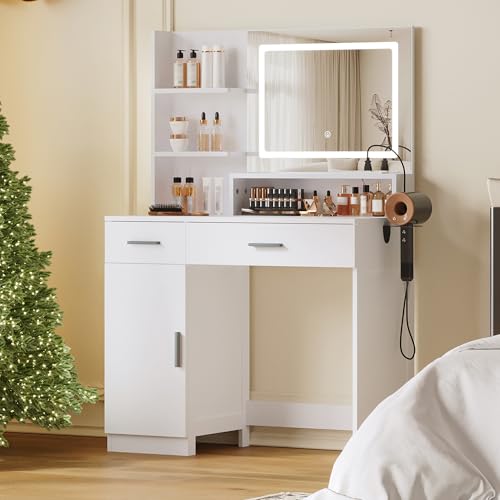 ProsperHaven Vanity Desk with LED Mirror and Lights, Makeup Vanity Table with Power Outlet, Drawers, Cabinet, Dressing Table with Open Storage Shelves for Bedroom, Dressing Room, White ProsperHaven