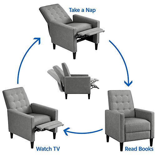 Yaheetech Fabric Recliner Chair with Adjustable Back & Footrest, Mid-Century Modern Accent Armchair Reading Chair, Tufted Upholstered Sofa with Pocket Spring for Living Room Bedroom Gray