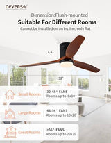 Ceversa 52 Inch Solid Wood Low Profile Ceiling Fan with Light and Remote Control,3 Blades Flush Mount Ceiling Fan Walnut Craftmade Easy Installation for Living Room Bedroom Farmhouse Indoor Ceversa