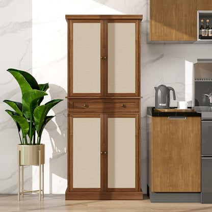 RuiSiSi Rattan Kitchen Pantry Cabinet, 72" Tall Freestanding Kitchen Pantry with Drawer, Farmhouse Freestanding Wooden Storage Cabinet with Adjustable Shelves for Dining Room, Hallway,Walnut - WoodArtSupply