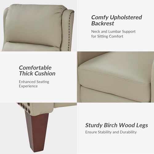 HULALA HOME Genuine Leather Recliner Chair, Modern Push Back Recliner Armchair with Thick Seat, Backrest & Footrest, Nailhead Decor for Living Room, Bedroom, Beige