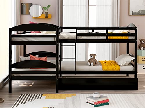 Quad Bunk Bed Twin Over Twin L-Shaped Bunk Bed Compatible with 4 Boys Girls Teens, Gray Bedroom Bed Frame, WoodArtSupply