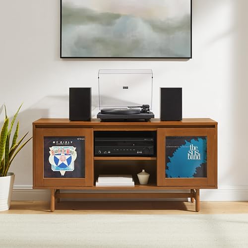 Crosley Furniture Dempsey Record Player Cabinet Vinyl Storage and Display Mid-Century Modern Turntable Stand, Walnut Crosley Furniture