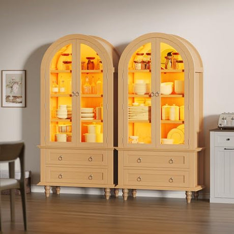 YITAHOME 73" Arched Pantry Cabinet with LED Lighting, 2 Drawers & Multi-Tier Shelves, Modern Farmhouse Kitchen Storage with Ambient Lighting for Dining Room, Natural YITAHOME