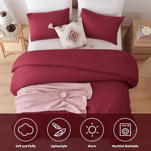 ROSGONIA Full Size Comforter Sets for Girls Boys Kids Dark Red, 3pcs Comforter Full Size (1 Comforter & 2 Pillowcases) Lightweight Dorm Bedding Sets ROSGONIA