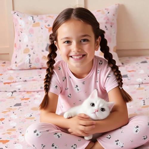 Swiftify Twin Sheet Set for Kids Girls, 3-Piece Bed Sheet Set for Toddler, Soft Brushed Microfiber Bedding, Deep Pocket, Wrinkle & Fade Resistant, Cute Cats Swiftify