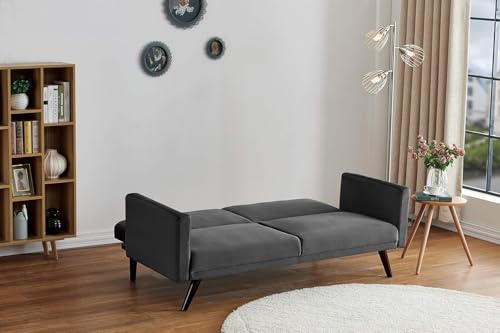 Container Furniture Direct 72" Retro Velvet Sofa Bed - Vintage Modern Convertible Futon w/Reclining Backrest - Velvet Upholstery on Solid Wood Frame (72" L x 34.6" W x 30.23" H), Grey Container Furniture Direct