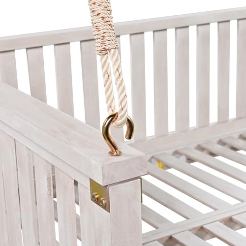 Porch Daybed Swing Outdoor Wooden Swing Bench, Patio Hanging Swing Chair Swinging Bed for Garden, Backyard, Deck, White NCKMYB