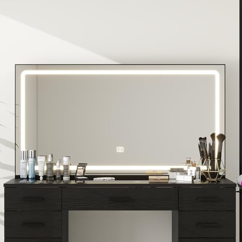 Vanity Desk with 11 Drawers,Glass Top Makeup Table with Mirror and LED Lights Vanity Table with Stool 3 Lighting Modes Brightness Adjustable Dressing Table with Power Outlet&Hair Dryer Holder (Black) Panana