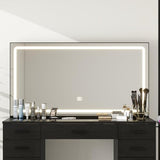 Vanity Desk with 11 Drawers,Glass Top Makeup Table with Mirror and LED Lights Vanity Table with Stool 3 Lighting Modes Brightness Adjustable Dressing Table with Power Outlet&Hair Dryer Holder (Black) Panana