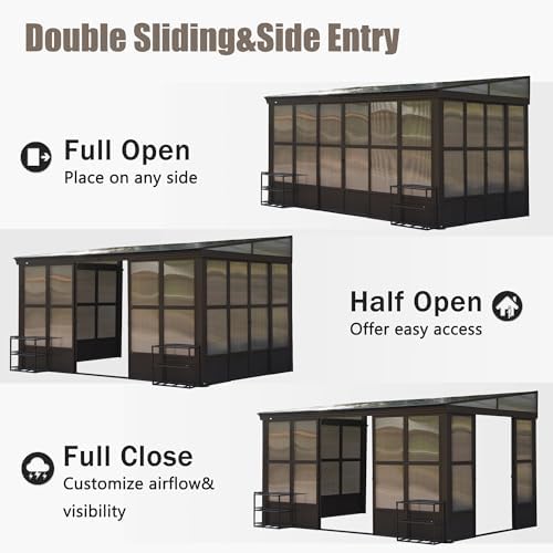 Domi 12x14FT Wall Mounted Sunroom Gazebo, Aluminum Enclosed Gazebo with 2 Lockable Sliding Doors,Sloping Polycarbonate Roof&Moveable PVC Screen, Outdoor Sun Room Lean to Gazebo for Deck Patio domi outdoor living
