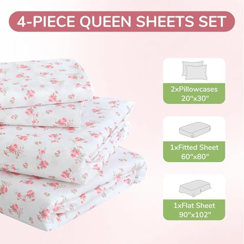 MUXHOMO Queen Size 4 Piece Sheet Set, Soft Breathable Bed Sheet Set for Bedroom with Deep Pocket Up to 16", Wrinkle-Free & Cooling Bedding for Oeko-TEX Certified - Blossoms Pink MUXHOMO
