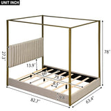 LUMISOL Queen Size Metal Canopy Bed Frame, Upholstered Four-Poster Platform Bed Frame with Headboard, Morden Low Profile Platform Beds, No Box Spring Needed, Beige