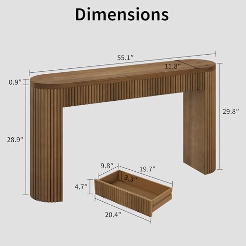 Solid Wood Console Table with Drawer - 55 Inches Mid Century Modern Fluted Foyer Table, Entryway Hallway Minimalist Sofa Table, Oval with Drawer HOKYHOKY