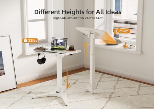 Claiks Mobile Standing Desk, Portable Rolling Workstation With Wheels, Pneumatic Height Adjustable Sit-Stand With 90 Tiltable, Foldable Non-Slip Computer Stand, White Claiks