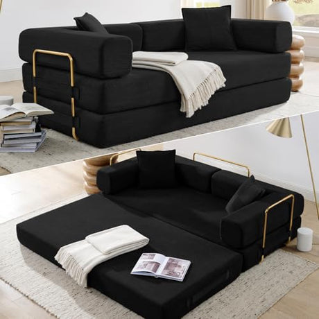 HANXIN 78 Inch Convertible Sleeper Sofa Bed, Folding Floor Mattress Couch with Fixed-Shape Frame, Futon Boneless Couch Lounge Loveseat with Pull Out Bed, No Assembly Required (Black) HANXIN