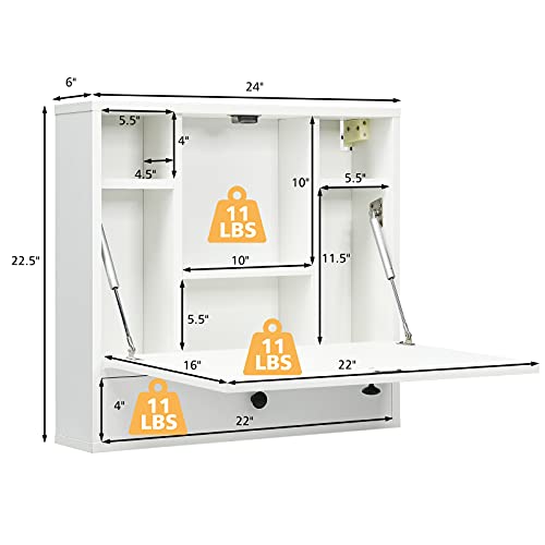 COSTWAY Wall-mounted Computer Desk, Floating Desk with Storage Drawer & Shelves, Fold-up Desktop & Pneumatic Springs, Ideal for Home, Office, Dormitory, Small Spaces (White) - WoodArtSupply