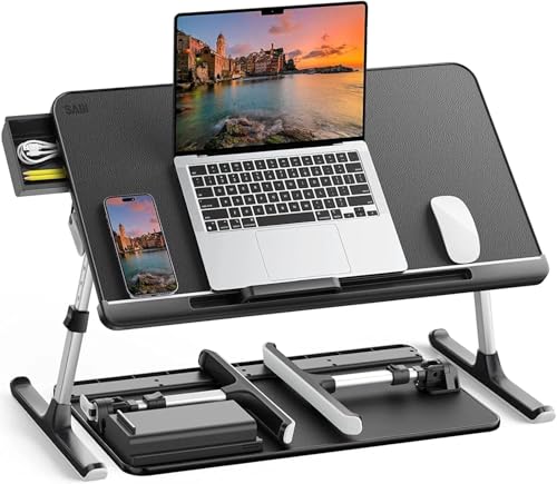 SAIJI Laptop Bed Tray Table, Adjustable PVC Leather Laptop Bed Table, Portable Standing Desk with Storage Drawer, Foldable Lap Tablet Table for Sofa Couch Floor (Dark Black) SAIJI