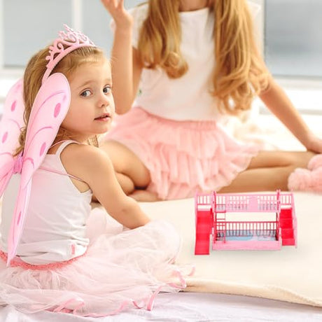 NOLITOY Miniature Bunk Bed with Slide for 6 Inch Dolls - Pink Double Deck Plastic Dollhouse Furniture Playset with Ladder & Bedding Accessories - Fits Small Dolls Figures NOLITOY