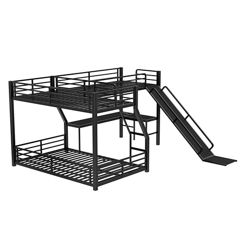 KLMM Twin Over Full L-Shaped Metal Triple Bunk Bed with Twin Size Loft Bed,Slide and USB Ports,for Kids Teens Adults Bedroom Use (Black/Slide, Twin Over Full) KLMM