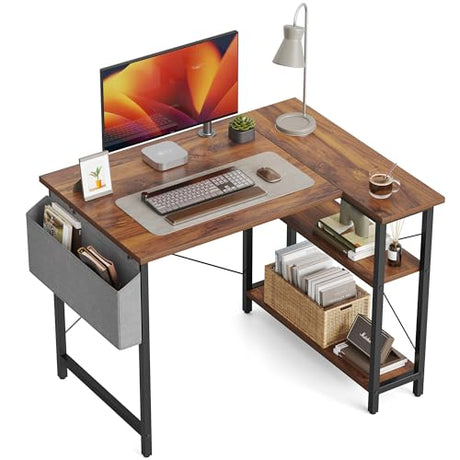 CubiCubi 40 Inch Small L Shaped Computer Desk with Storage Shelves Home Office Corner Desk Study Writing Table, Deep Brown CubiCubi