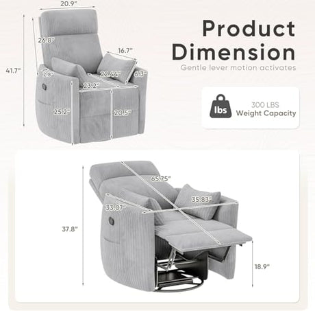 Flamaker Swivel Recliner Chair, Massage Nursery Rocking Chair with 2 Pillows, Comfy Single Sofa Glider Rocking Chair with Side Pockets for Living Room (Corduroy, Dark Grey) Flamaker