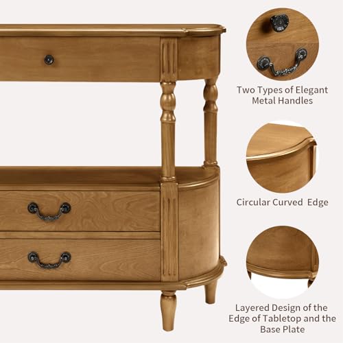 BFJDM 43" Retro Curved Console Table with Drawers, Solid Wood Half Moon Console Table Entry Sofa Table with Storage with Solid Pine Roman Legs Open Shelf for Small Spaces Living Room,Brown BFJDM