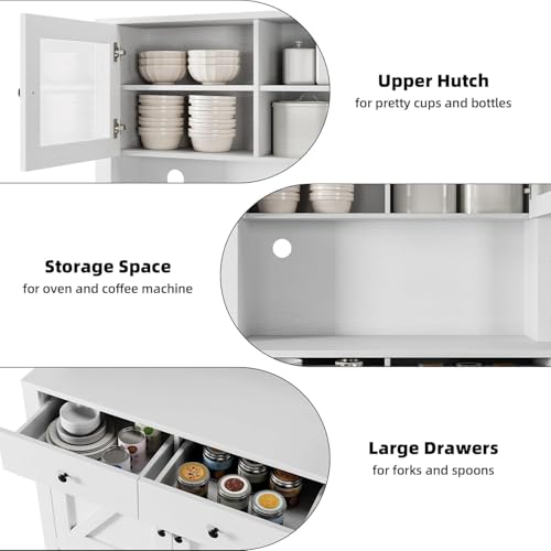 GarveeHome Kitchen Pantry Cabinet with Microwave Stand, Freestanding Hutch Cabinet with Buffet Cupboard, Tall Kitchen Cabinets with Adjustable Shelves for Dining Room, White GarveeHome