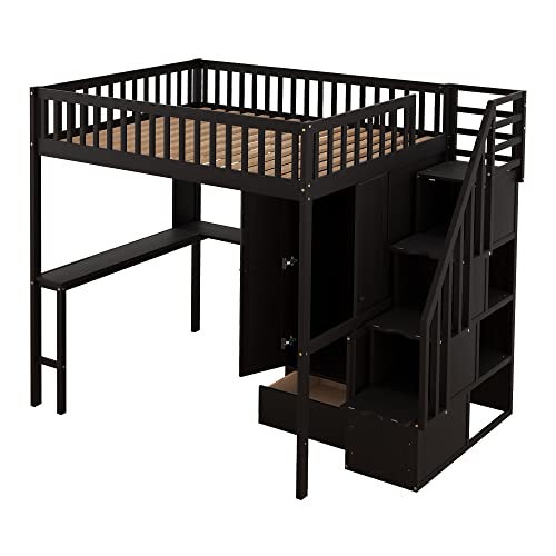 Full Size Loft Beds Stairway Loft Bed Frame with Wardrobe, Desk, Bookcase and Drawers, Espresso Merax