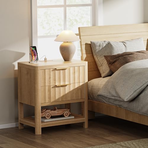 Huuger 27.6 Inch Tall Night Stands with Charger Station, USB-C Port, Fluted Nightstand Set of 2, Larger Wider Bed Side Table with 2 Deep Drawers, Open Shelf, Bedroom Living Room End Table, Natural Huuger