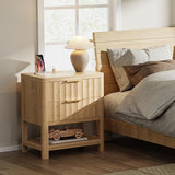 Huuger 27.6 Inch Tall Night Stands with Charger Station, USB-C Port, Fluted Nightstand Set of 2, Larger Wider Bed Side Table with 2 Deep Drawers, Open Shelf, Bedroom Living Room End Table, Natural Huuger