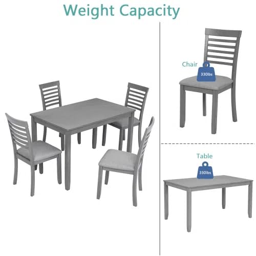 Trygoal 5-Piecern Dining Table Set, Kitchen Set with One Rectangular Table and 4 Upholstered Chairs, Living Room Chairs with Ladder Backrest and Comfortable Seat Cushion, Wooden Dining Furniture, Gary Trygoal