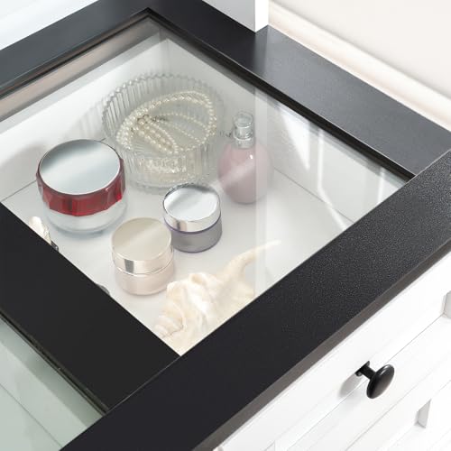 Hoyiestp Vanity with Sliding Barn Mirror, Glass Top Makeup Desk with Outlet & Charging Station, 3-Color Lights, 7 Drawers & Shelves for Bedroom, Modern Adjustable Storage Dresser Table Hoyiestp