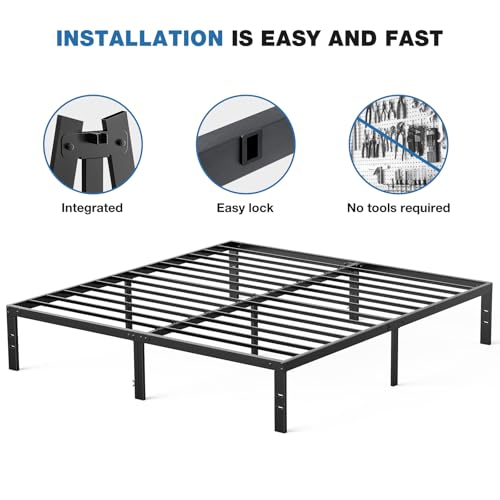 OLIXIS Metal King Bed Frame - 14in High with Storage Space, No Box Spring Needed with Sturdy Steel Slat Support, 2200LBS Heavy Duty for Easy Assembly, Black for Bedroom OLIXIS
