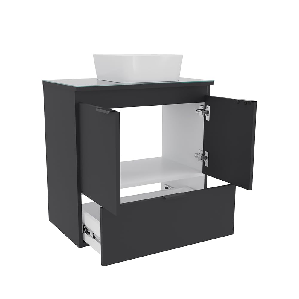 COZIMAX Cabinet and Sink Soul 24" Floating Bathroom Vanity with White Ceramic Sink, Tempered Glass Countertop, Soft Close Doors, 1 Drawer, Wall Mount (Black) COZIMAX