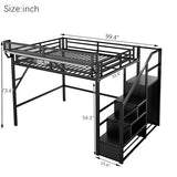KEIKI Queen Size Metal Loft Bed Frame with Convertible Staircase, Built-in Storage Shelves and Wardrobe, Loft Bed with Solid Slats, Guardrail, No Box Spring Required, Easy Assembly, for Bedroom, Black KEIKI
