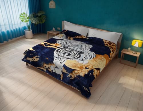 White Tiger Blanket Korean Mink Ultra Silky Soft Reversible Bed comforter bedspread bedding Cobias Heavy thick weight Perfect for Winter all season throw (King, 71 Tiger Blue) SOLARON