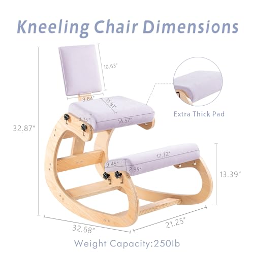 VDNEND Ergonomic Kneeling Chair with Back Support,Wooden Kneeling Chair Desk for Work, Rocking Office Kneel Chairs for Relieve Back Pain, Kneeling Posture Chairs for Gaming,Home (Light Purple) VDNEND