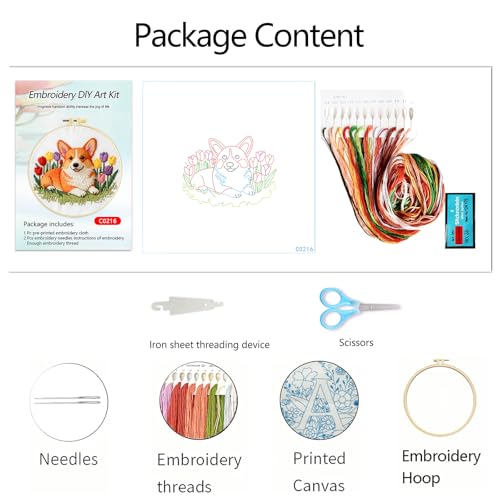 Zhenqing Corgi Embroidery Kit for Beginners, Pre-Printed 29x29cm Cotton Fabric with 20cm Hoop, Cute Dog with Tulips Spring Design (C0216)