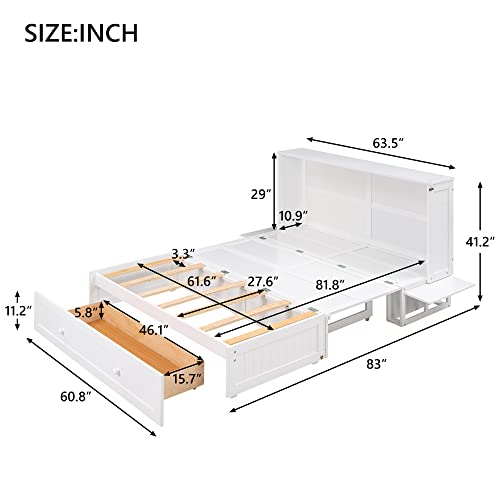 Hlcodca Unique Queen Size Mobile Murphy Bed with Drawer,Wood Storage Bed with Little Shelves on Each Side,for Small Spaces Apartments Studio Guest Room Use Hlcodca