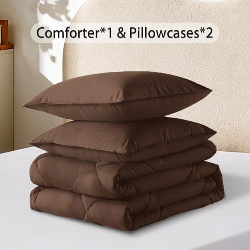 SUVAMJAM 3-Piece Queen Comforter Set,All-Season,Soft & Hypoallergenic &Breathable Bedding,Polyester Quilted,Down Alternative(Comforter*1 & Pillowcases*2),Chocolate SUVAMJAM